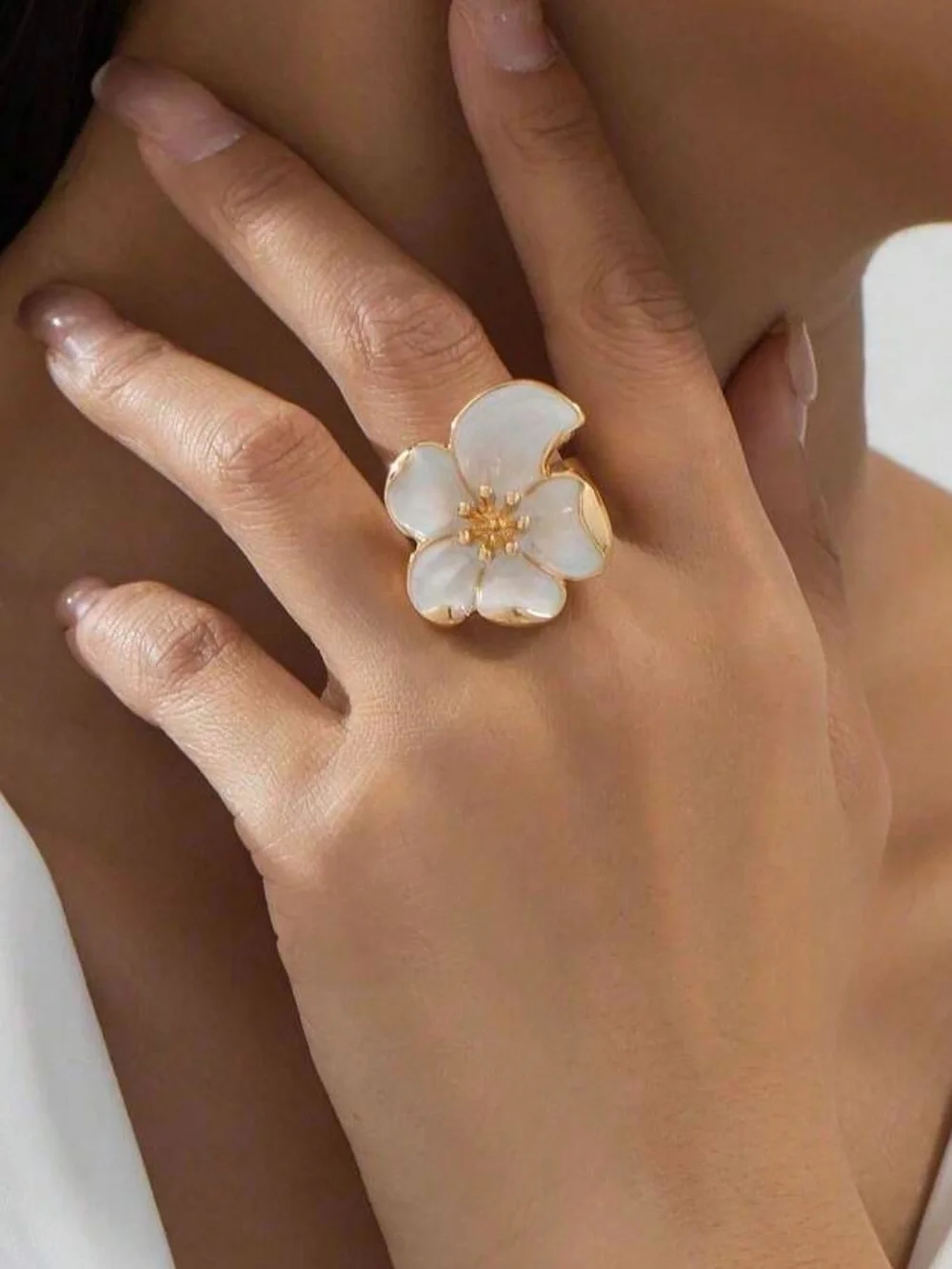 Maison Bloom White Enamel Camellia Ring